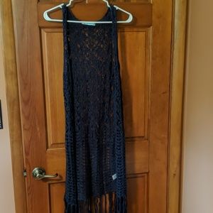 Navy Blue Crochet Long Vest